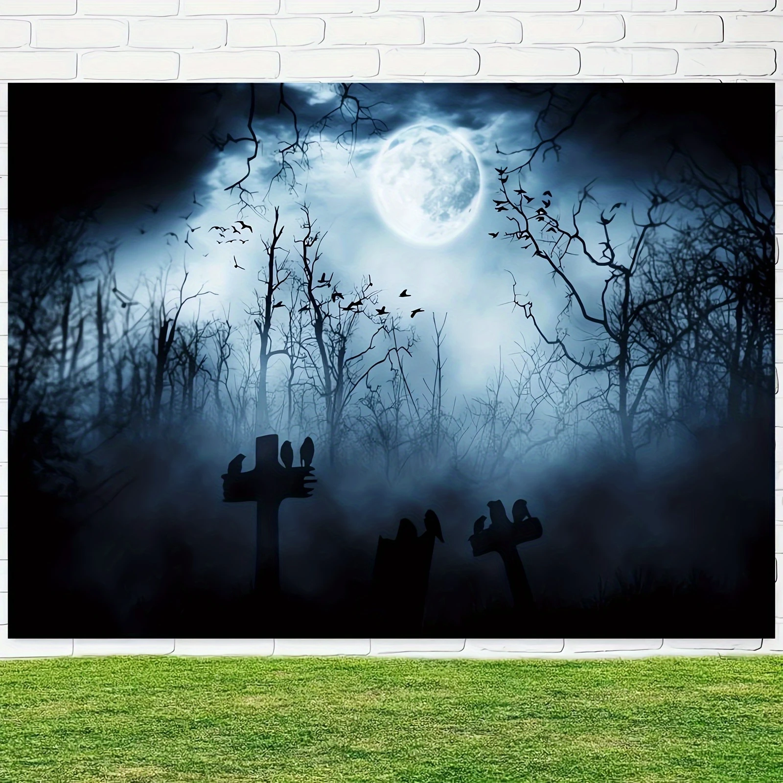 Haunted Bats Flying on Dark Forest Tombstones - Realistic Gothic Photography Background for Ghost Studio Meeting