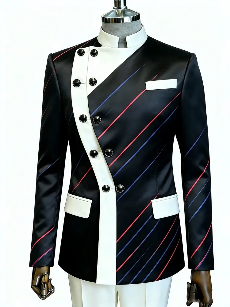 Mens Slim Fit Contrast Panel Diagonal Striped Blazer Stand Collar Asymmetric Button Business Performance Jacket
