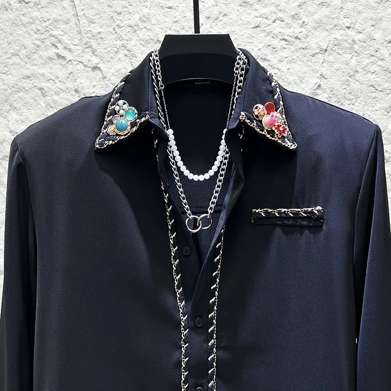 2026 Luxury Gemstone Decoration Shirt Men's Black Fashion Long Sleeved Casual Shirts Social Banquets Stage Performances Costumes