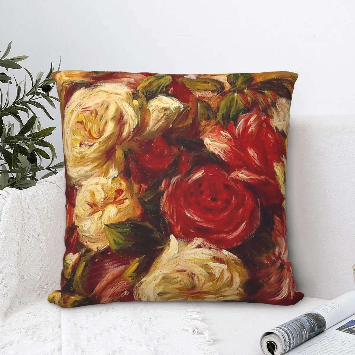 Pierre Auguste Renoir Bouquet Of Roses Beauty Polyester Cushion Cover Impressionism Art For Sofa Chair Decorative Washable