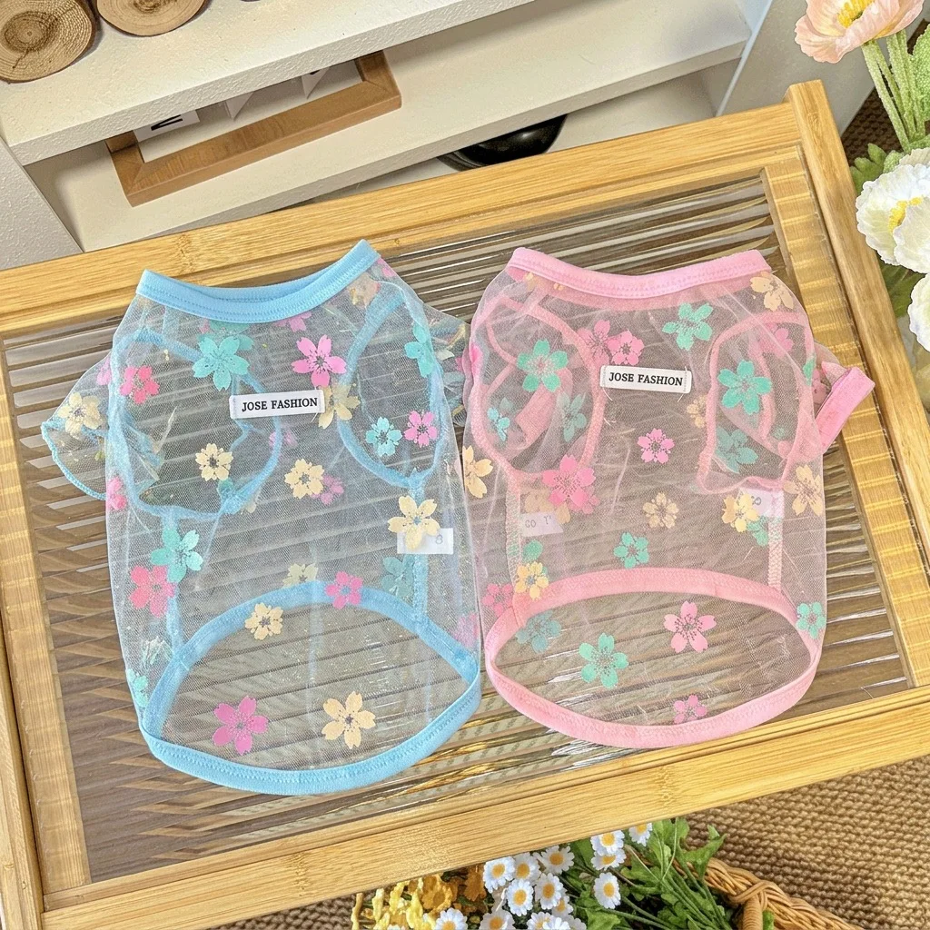 New Spring Summer Breathable Sunscreen Pet Vest Flocked Mesh Design Cute Little Daisy Pattern Dogs Cats Thin Cute Coat Puppy