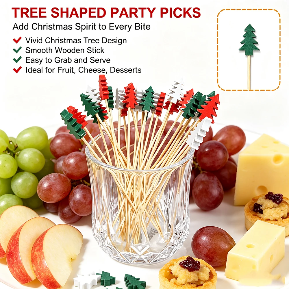 100PCS Disposable Christmas Tree Cocktail Picks, Colorful Decorative Bamboo Sticks, Holiday Food Garnish for Xmas Gathering, Fruit, Desserts, Drink Decoration - view 3