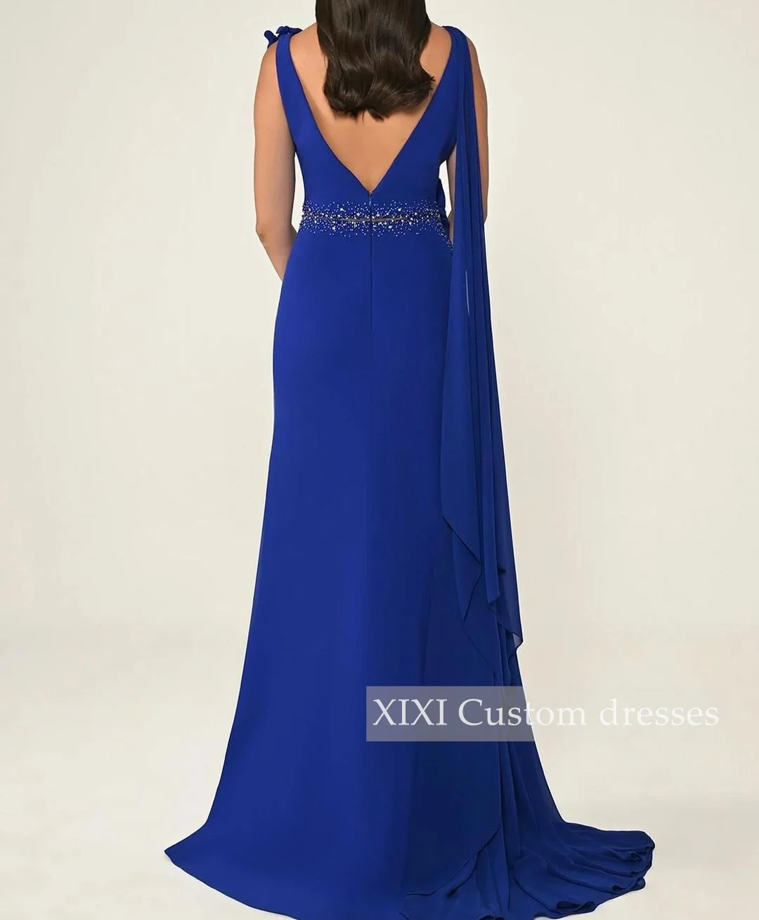 فستان سهرة XIXI مغرفة بياقة مطرزة بالخرز بطول أرضي مكشكشة بسحاب فساتين بلا أكمام لحفلة موسيقية Vestidos De Festa #5