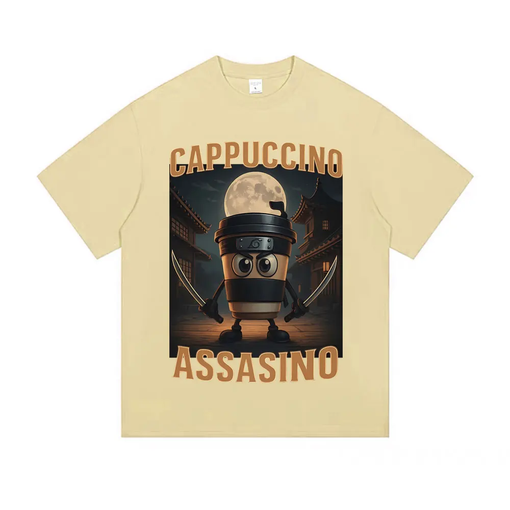 Italian Brainrot Cappuccino Assasino Funny Meme T Shirts Unisex Casual Humor Oversized T-shirt Men Women Vintage Cotton Tshirt