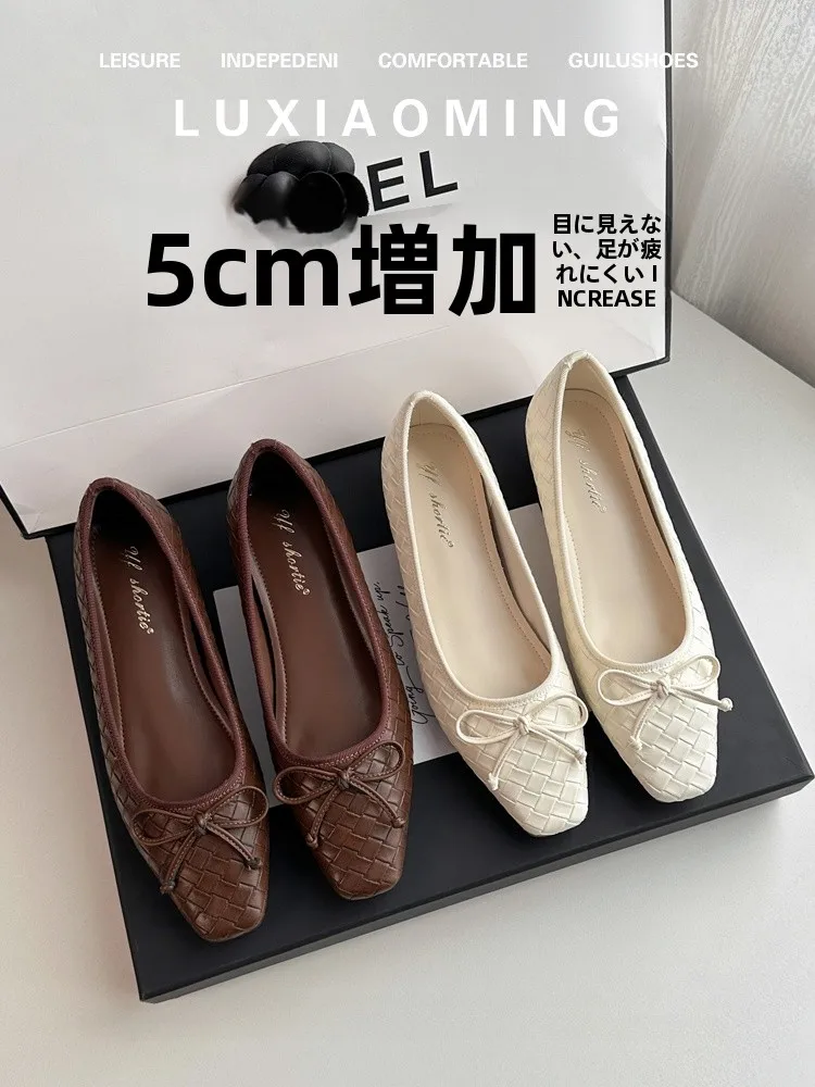 women's-ballet-flats-knot-square-head-diamond-grid-sheepskin-spring-new-small-size-heightening-low-cut-flat-shoes