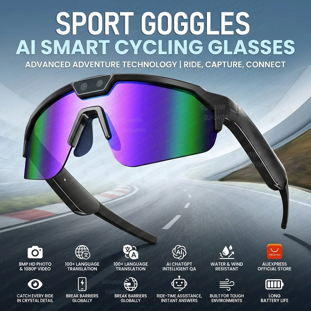 

New AI Smart Glasses with 8MP HD Anti-shake Camera 1080P Video ChatGPT Built-in Microphone Translation UV Protection Sunglasses