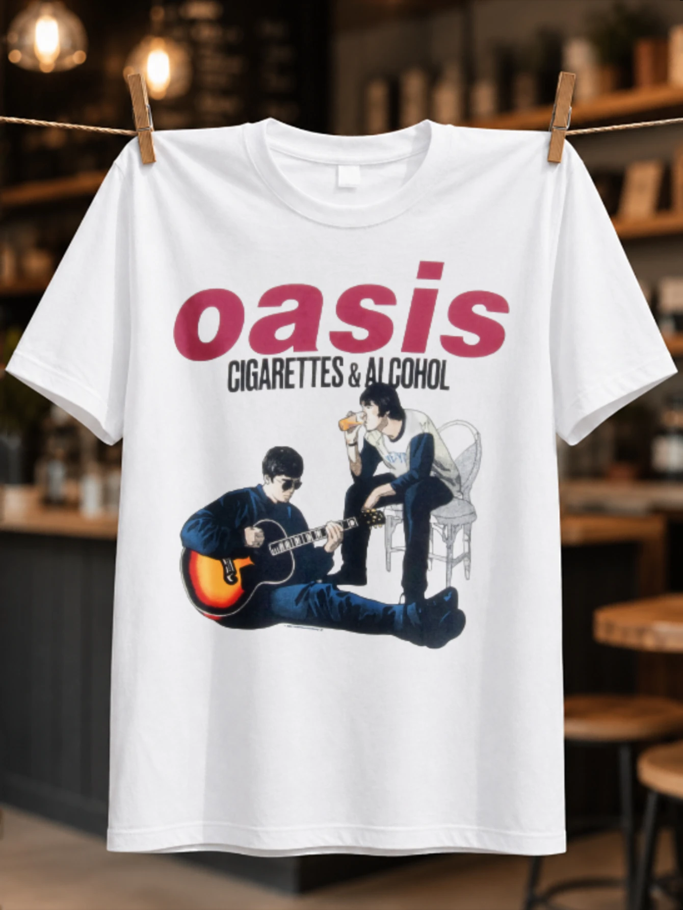 Oasis Cigarettes And Alcohol monochrome band scene red logo and Britpop lyric attitude theme Unisex  Unisex All T-Shirt