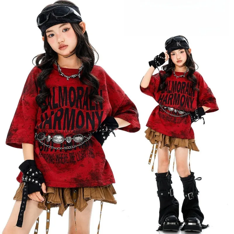 

Girls Jazz Dance Fashion Summer New Outfit Kids Red Loose Short Sleeve Top Pleated Skirt Kids Performance Costumes Stage Costume