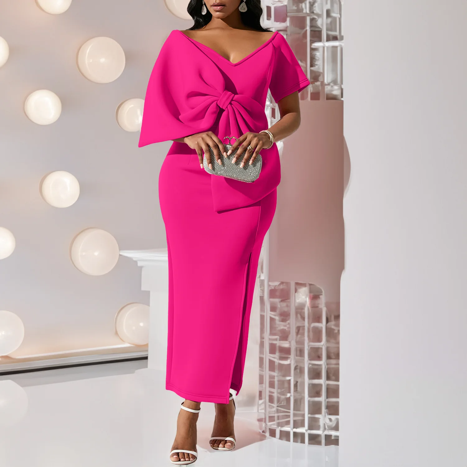 

Women's clothing sexy big bow split dress hip dress dress temperament simple sexy high-end clothing