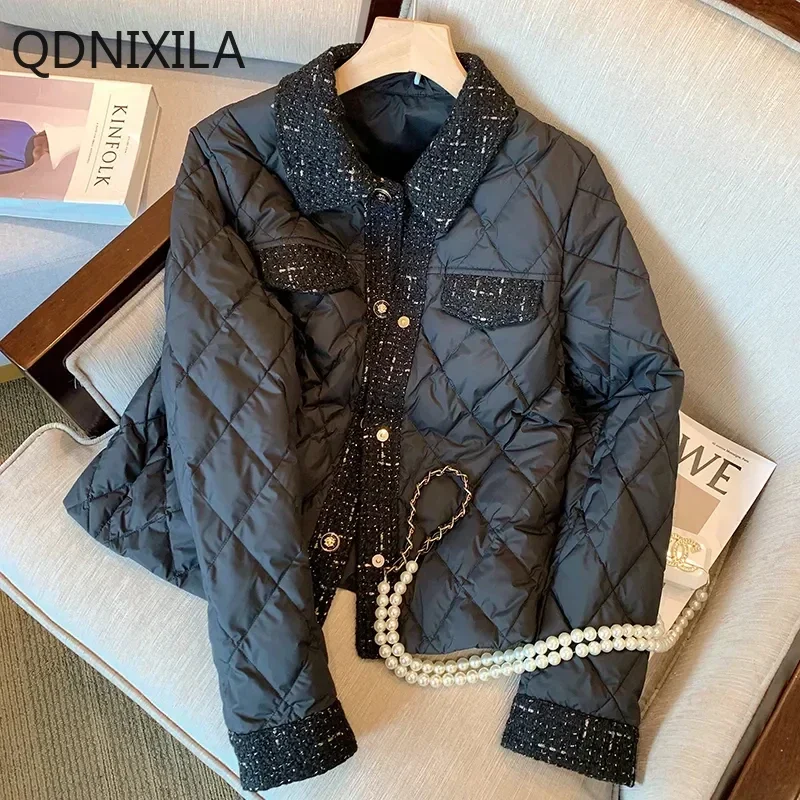 Xiaoxiangfeng，lattice，Black Quilted Jacket，Parkas，Women's Winter Jacket，New in Coats，retro Temperament，Thin and Light，Short Coat