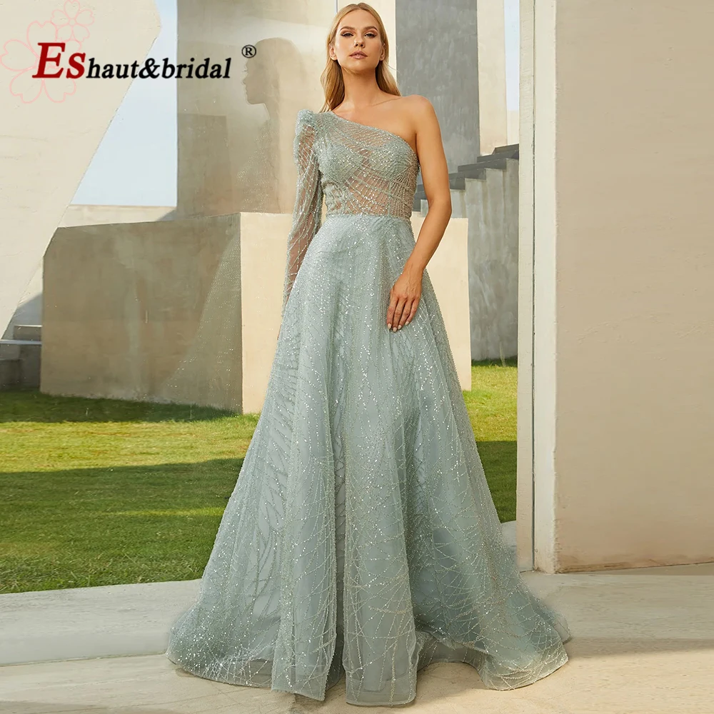 Elegant Dubai Evening Dress for Women 2023 One Shoulder Aline Long Sleeves Beads Sequin Formal Prom Wedding Guest Party Gowns