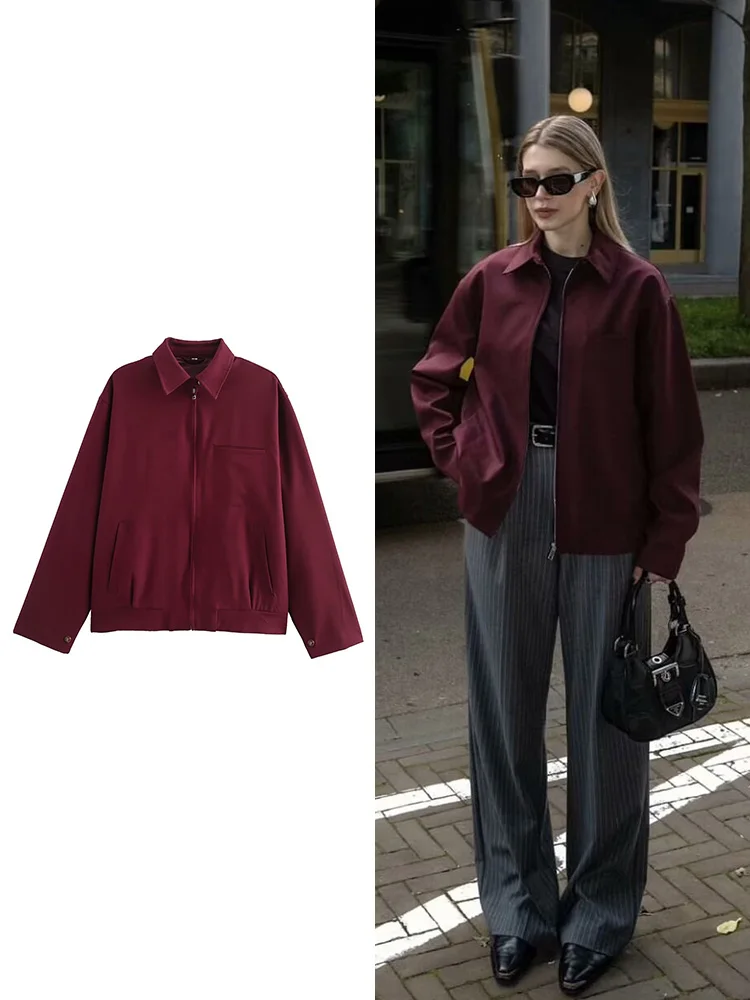 TRAF Women\'s Bordeaux Red Solid Colour Jacket Autumn and Winter New Zipper Pockets Long Sleeve Casual Jacket Fashion Women