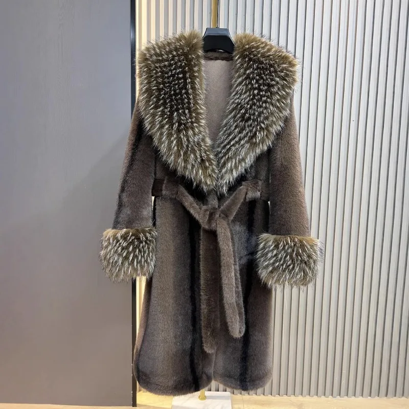 Autumn Winter New Woolen Coat Women's Fashion Warm Long Faux Mink Fur Large Furry Collar Jacket Long Sleeves Elegant Warm Top