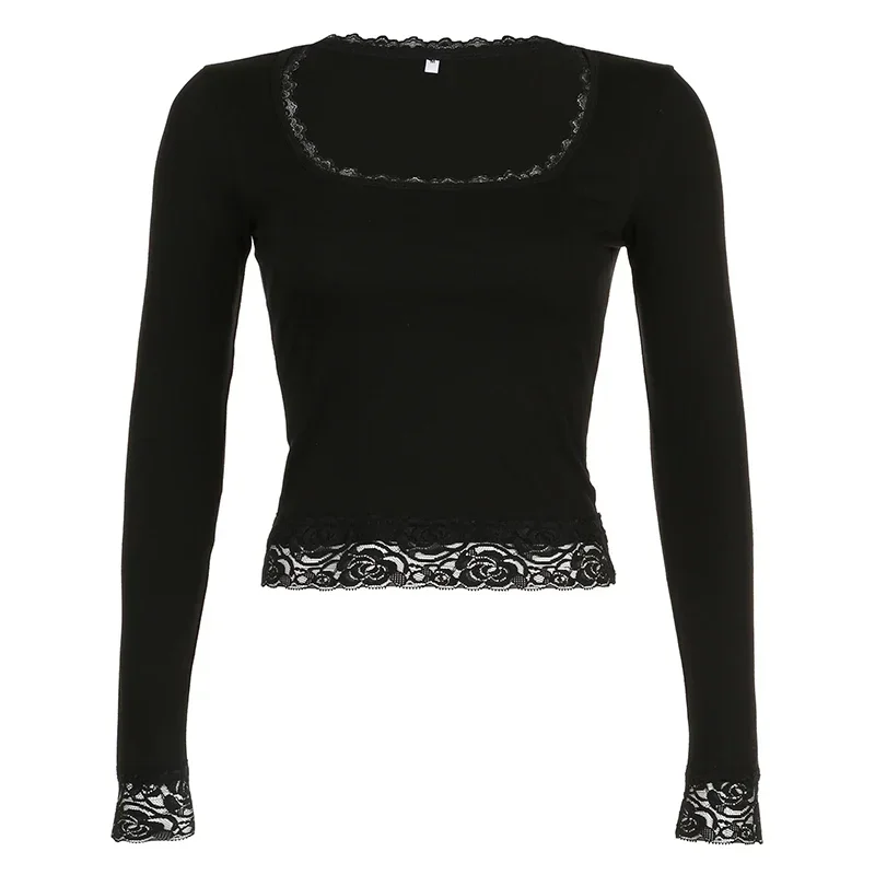 Vintage Lace Stitched Black Crop Top Women Basic Skinny Long Sleeve Solid T Shirt Autumn Winter Casual Tee Shirt y2k