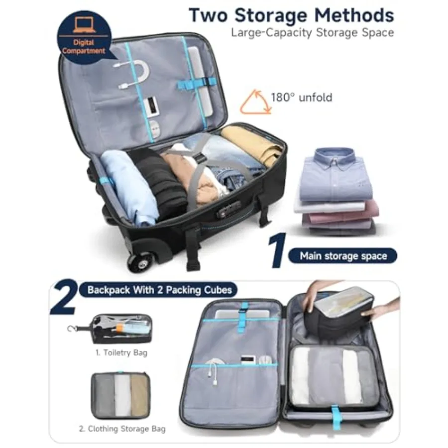 Mochila para laptop rolante 2 em 1, mochila de mão com rodas, resistente à água, mala de mão com 2 cubos de embalagem TSA grande T