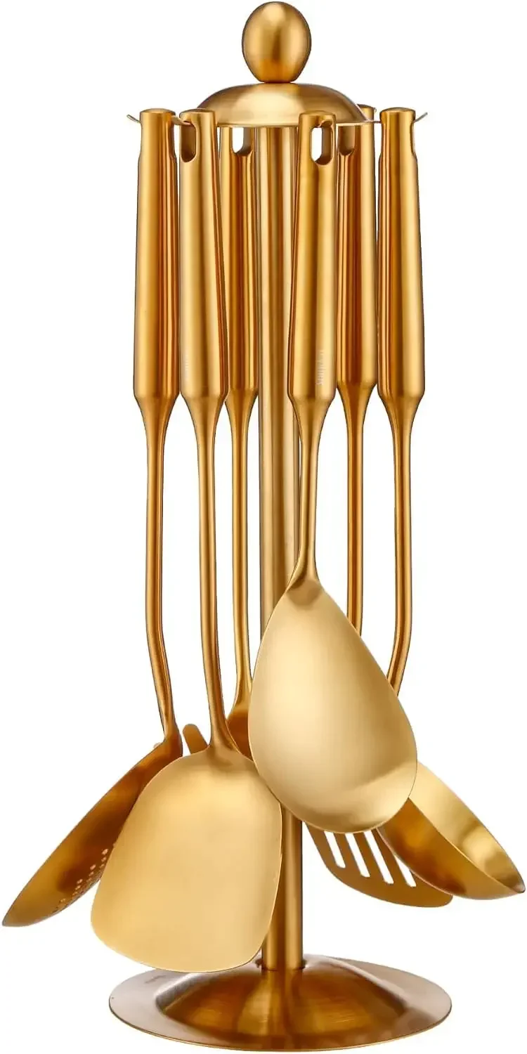 

Gold Kitchen Utensils Set with Stand 7 Piece Brass Cooking Tools with Rotating Holder Spatula Slotted Turner Ladle Skimmer