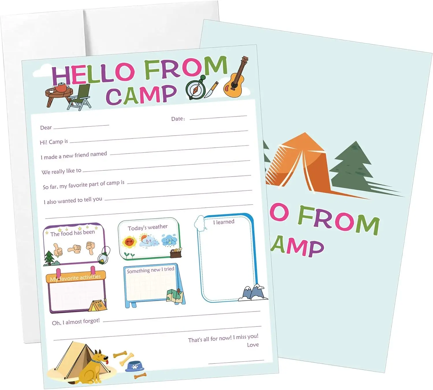 

30 комплектов плоских карточек и конвертов на таборе, заполняемых вlank, канцелярские карты 5x7 — тема лагеря для кемперов (зеленый дизайн)