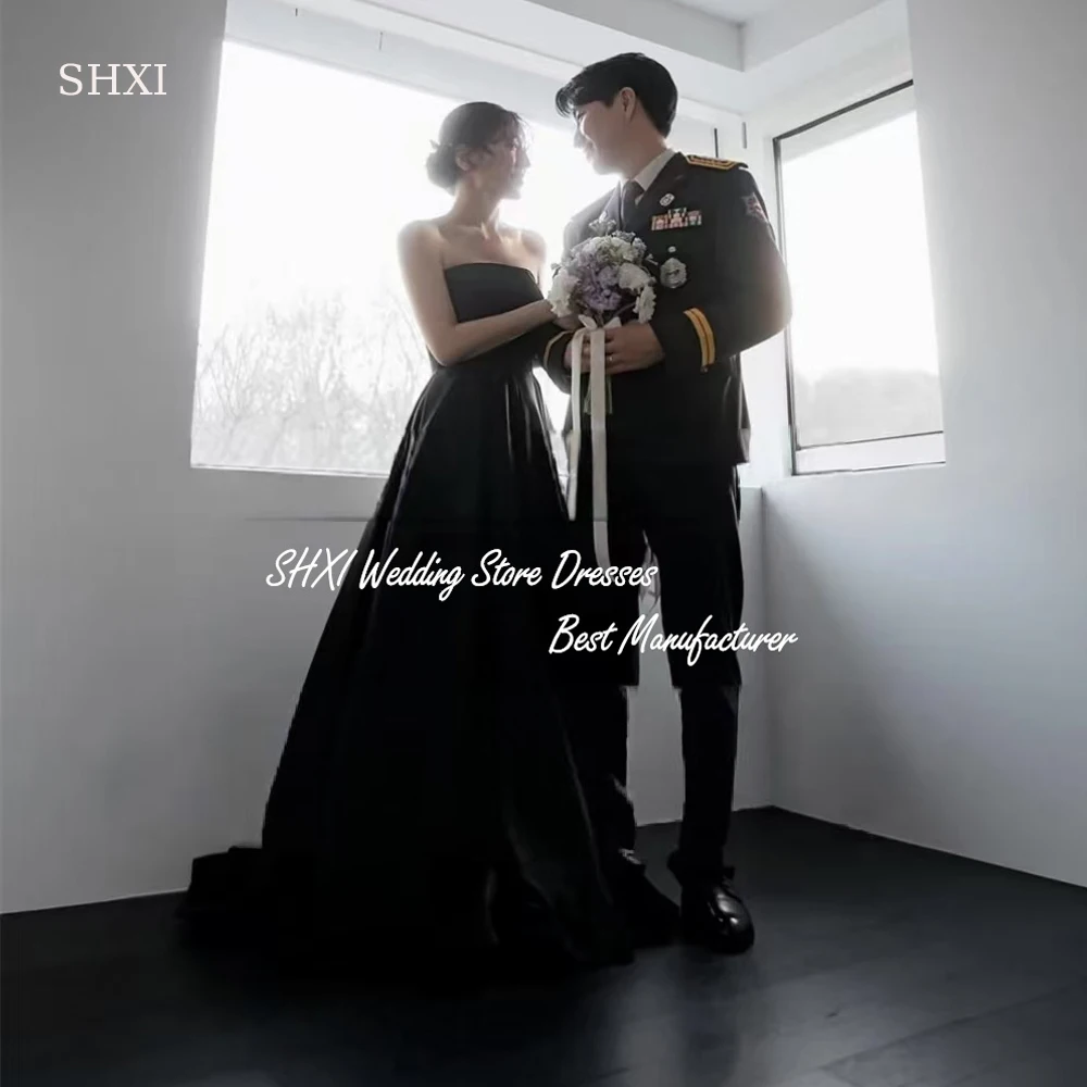 

SHXI Customized Vintage Black Korea Evening Dresses Strapless A Line Wedding Photos Shoot Dress Satin Bridal Reception Dress