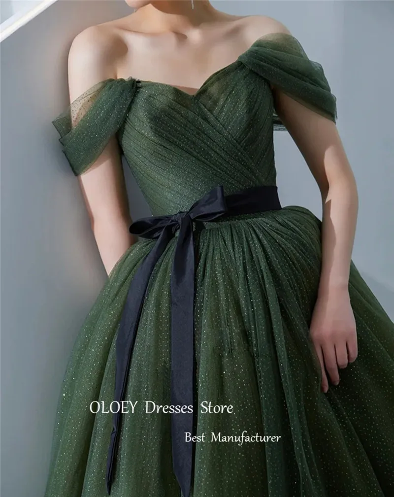 OLOEY Glitter Dark Green Tulle Evening Dresses Off Shoulder Sparkly Off Shoulder Bow Belt Wedding Photo shoot Party Dress