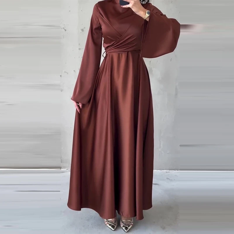 Vrouwen Satijnen Jurk Met Lange Mouwen Slanke Taille Elegante Minimalistische Mode Midi Jurk Casual Avondfeest Outfit Voor Lente Herfst