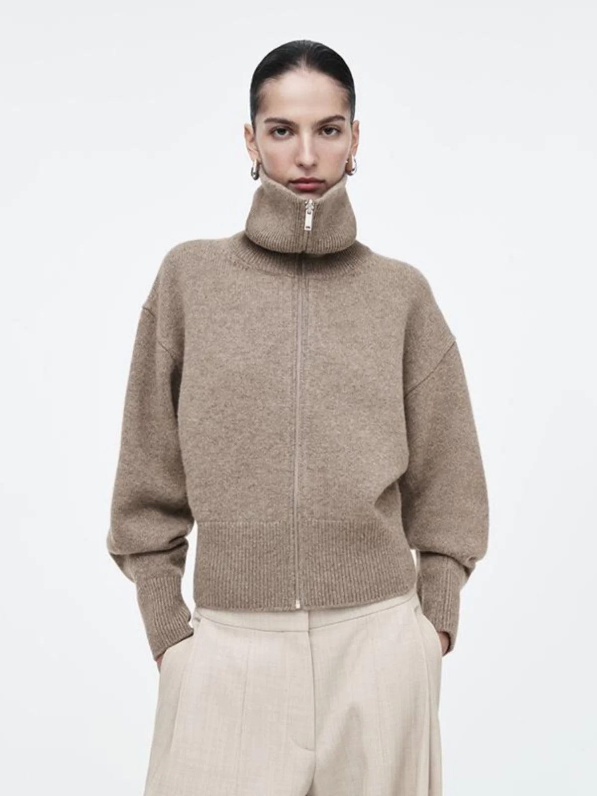 New Autumn Winter Women's Knitted Cardigan Slim Fit Stand Sle Casual Loose Long Sve Zipper Closure  Color Jaet