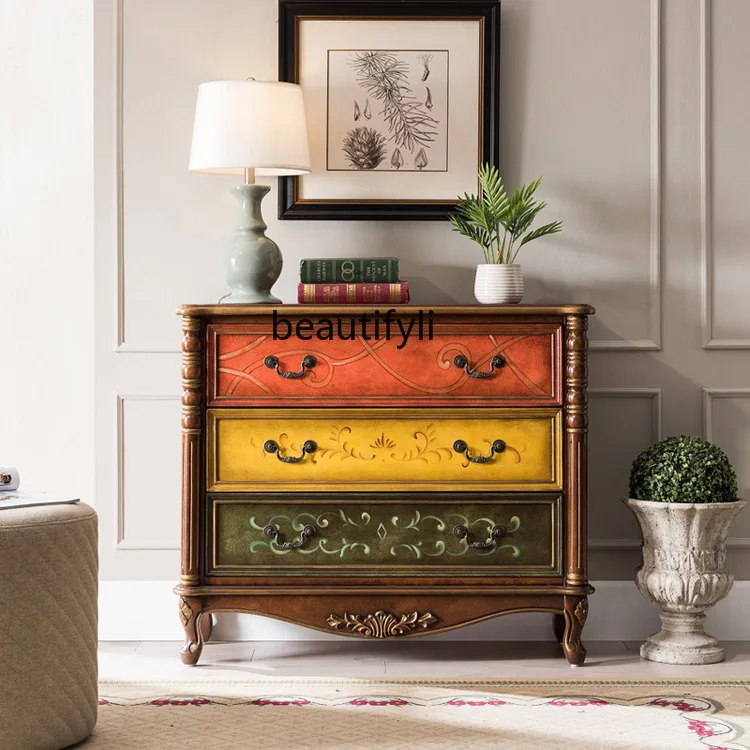 

American Style Entrance Hall Cabinet Solid Wood Sideboard Storage Cabinet Bedroom Three-Drawer Storage Cabinet Factory Wholesale