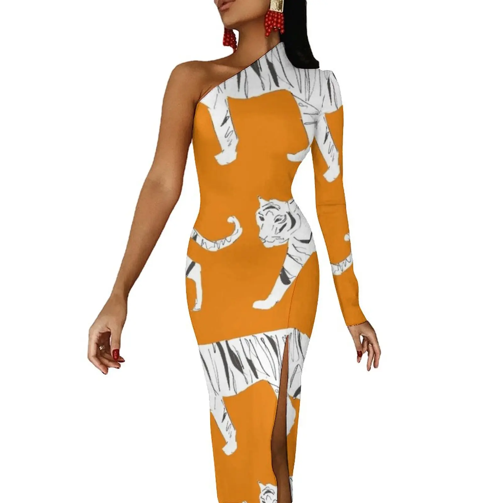 

Женское длинное платье с разрезом, принтом тигра