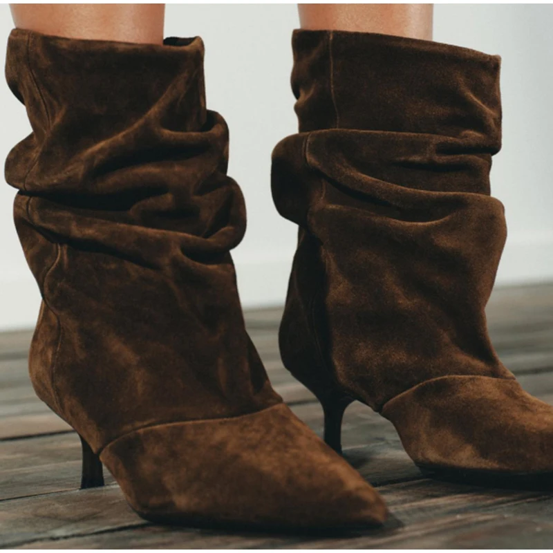 خمر جودة عالية أشار تو Vintage حذاء بوت بطول الكاحل مثير رقيقة منخفضة الكعب المرأة الدافئة مطوي حذاء من الجلد الانزلاق على أحذية الحفلات كاوبوي #1