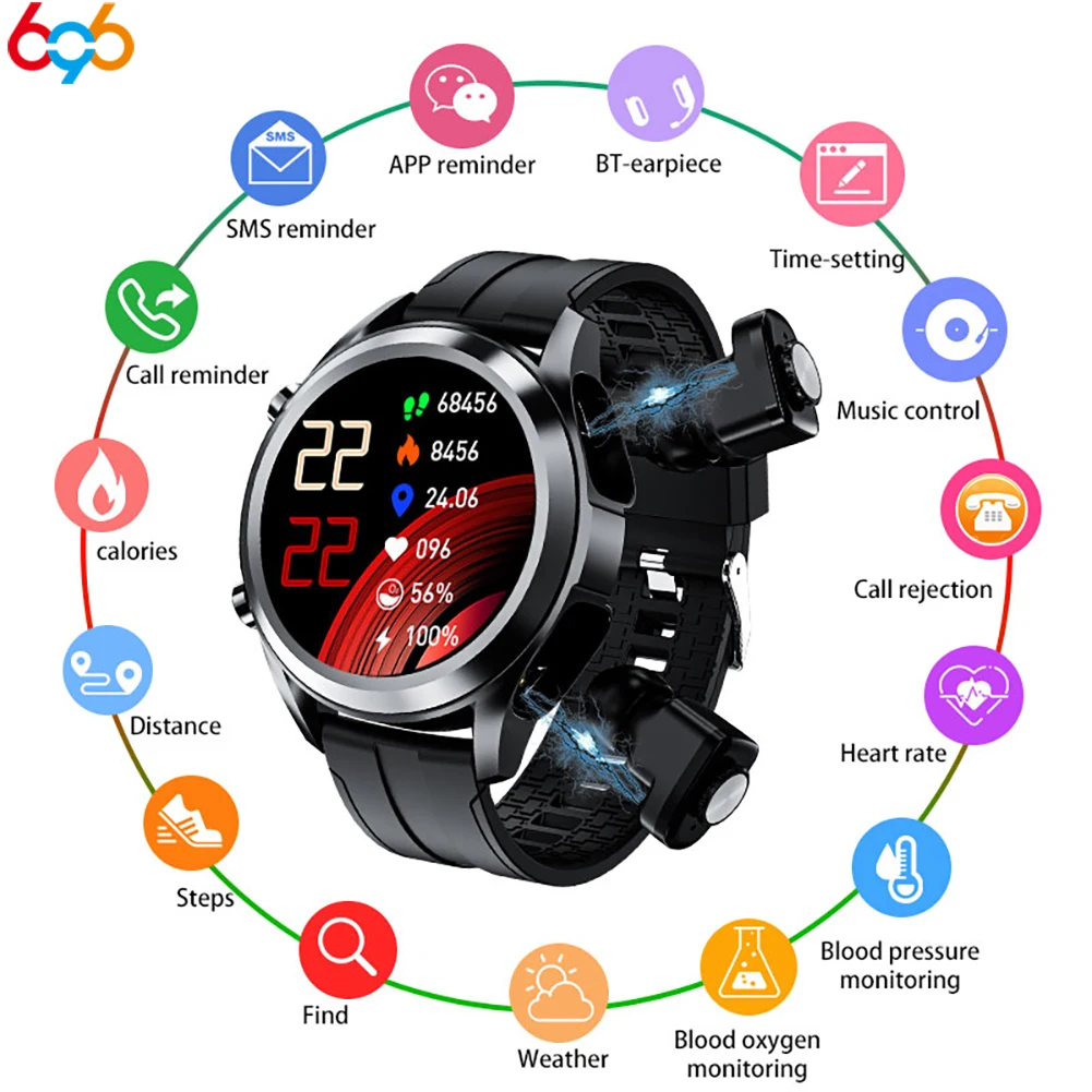 Tws 2 In 1 Wireless Blue Tooth Headset Smart Watch Men Women Full Touch Screen Heart Rate Sport Music Smartwatch For Android IOS