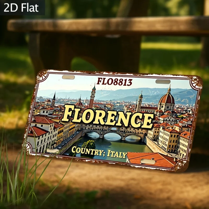 Impressão em Alumínio HD, Design de Placa de Licença Retrô com Skyline de Florença, Itália, Duomo Santa Maria del Fiore e Ponte Vecchio, Arte de Parede