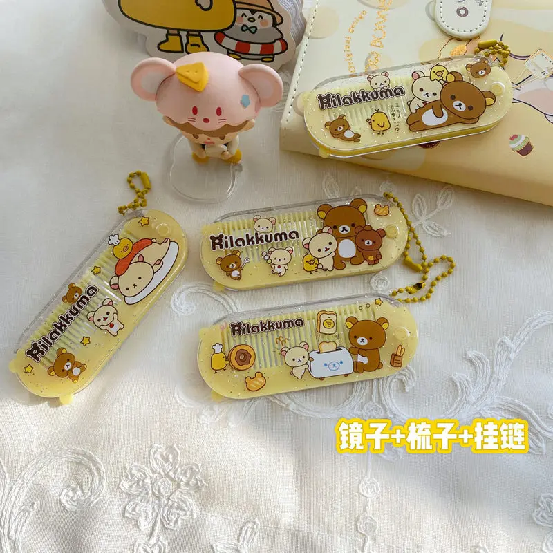 Rilakkuma Comb With Mirror Anime Relax Bear Mini Hair Brush Women Travel Portable Folding Bangs Combs Looking Glass Girls Gift - view 3