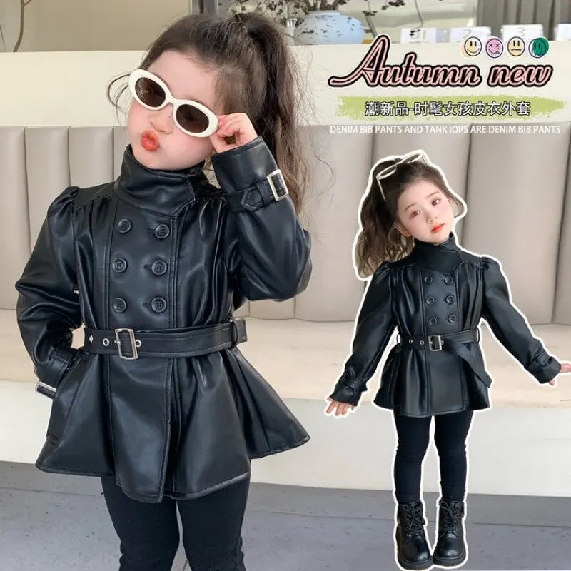 Autumn and Winter Children Leather Jacket  2026 New Fashion Waist Cinched Jacket for Girls Korean Stand Up Collar Jacket Top
