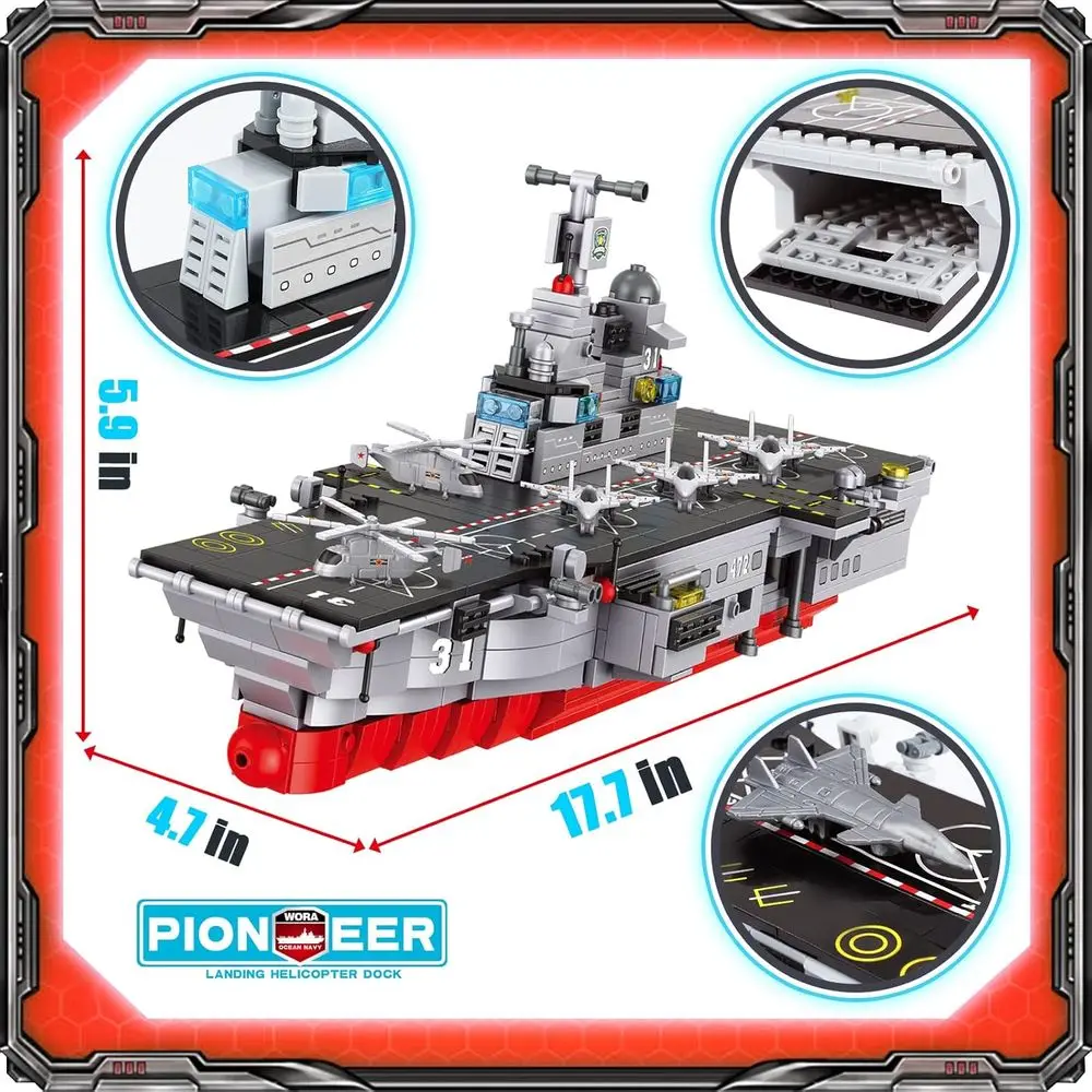 1161-Piece Military Aircraft Carrier Building Set with Patrol Boat & Fighter Plane for Kids Aged 6-12