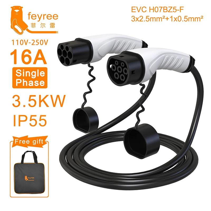 feyree EV Charger Type2 Cable Female Car Side to Type2 Male Plug 16A 3.5KW 32A 7KW 1Phase 11KW 22KW 3 Phase for Electric Car