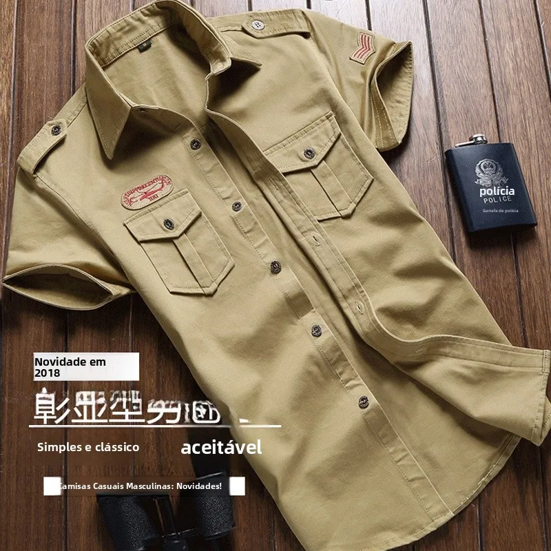 Camisa jeans masculina de algodão puro, corte solto, primavera verão, manga curta, roupa externa fina, uniforme de trabalho, ...