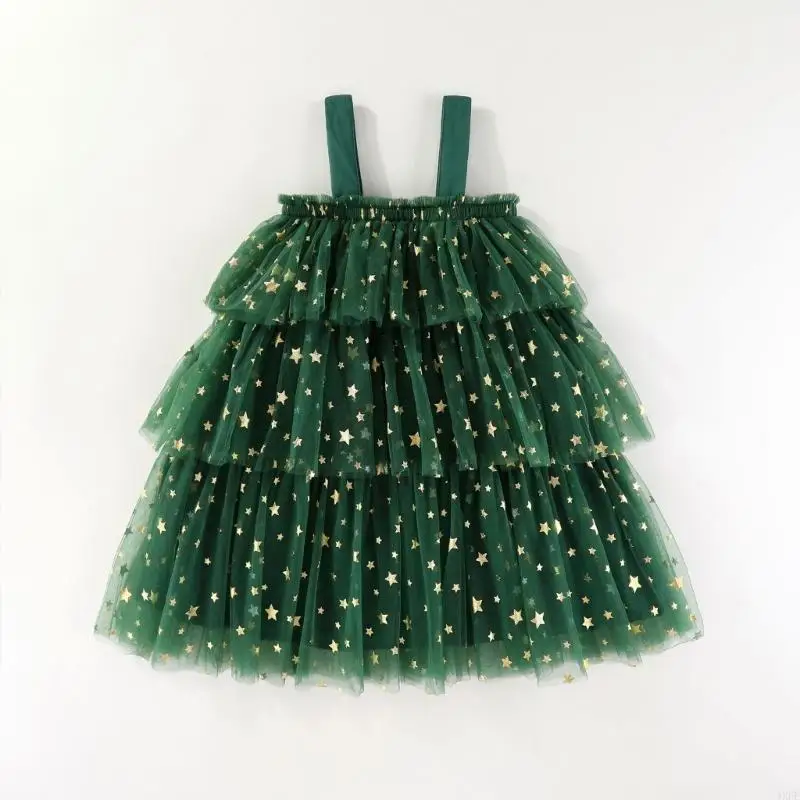  Elegant Christmas Dress Suspender Dress for Little Girls with Star Print Tulle Layers and Decorative Plush Decors Green