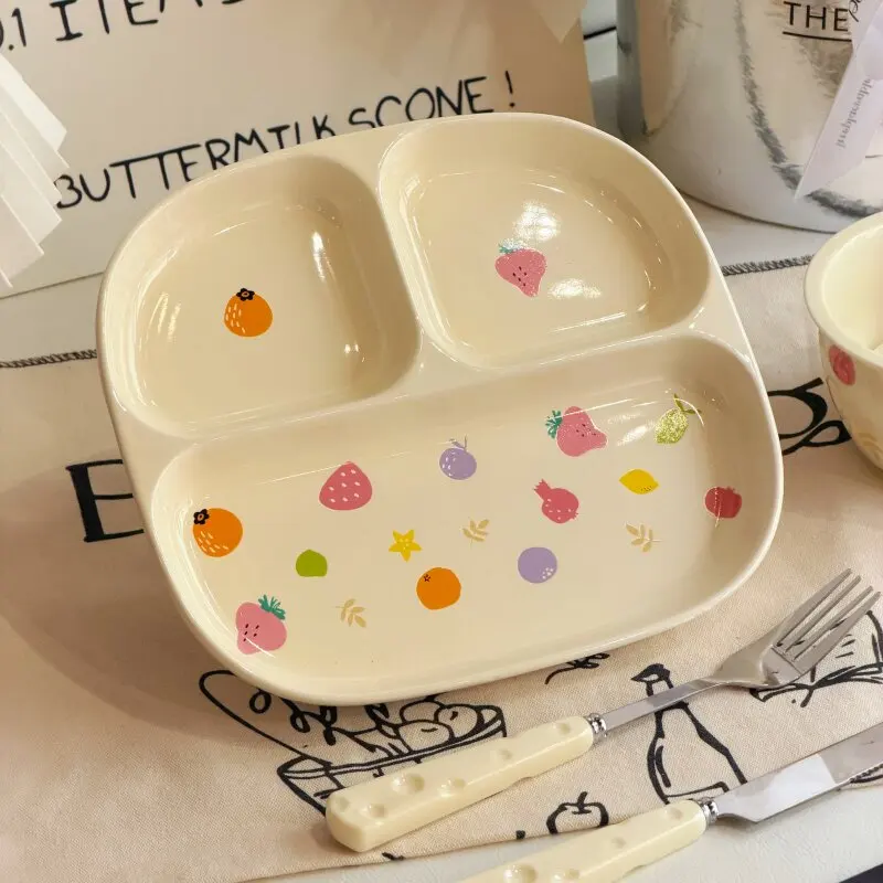 Cute Fruit Print Ceramic Divided Plate Underglaze Color 3-Compartment Dinner Plates for Kids Cartoon Weight Loss Tableware