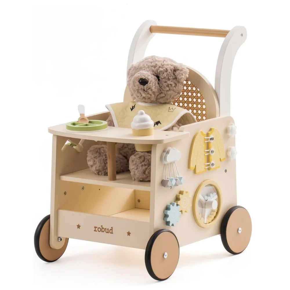 Robud Wooden Baby Push Walker Baby Activity Center Toys Walking Activity Center Push Toys with Safety Brake Baby Doll Walker