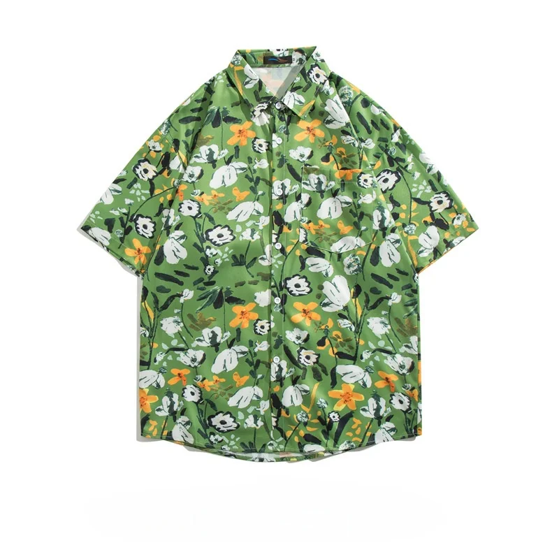 Summer Men's Retro Hawaiian Beach Travel Short Sleeve Printed Shirt High Street Loose Casual Half Sleeve Floral Shirt Coat