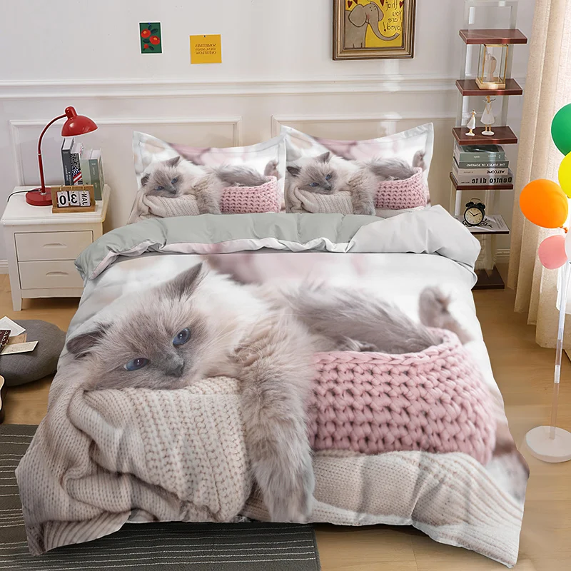 

3D Cat Bedding Set Luxury Animal Duvet Cover With Pillowcase Queen King Single Double Size For Girls Boy Quilt Cover