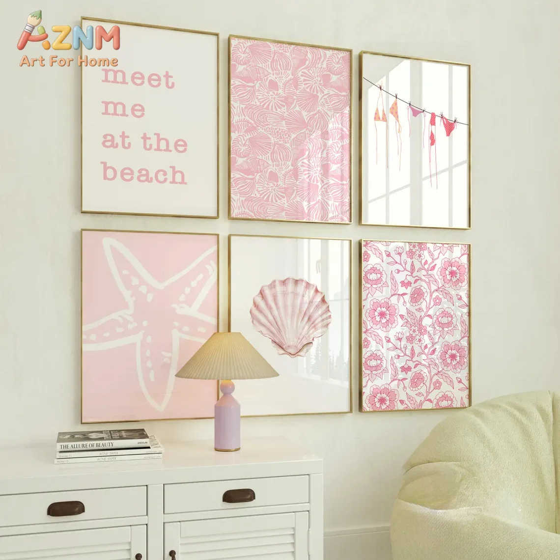 AZNM Pastel Pink Coastal Canvas Print Seashell Starfish Floral Bikini Line Meet Me At The Beach Cute Summer Girly Bedroom Wall D