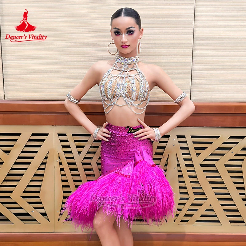 Adult&Child Latin Dance Luxury AB Stones Top+feather Style Skirt Suit Women Samba Chacha Rumba Clothing Custom Dancer's Vitality