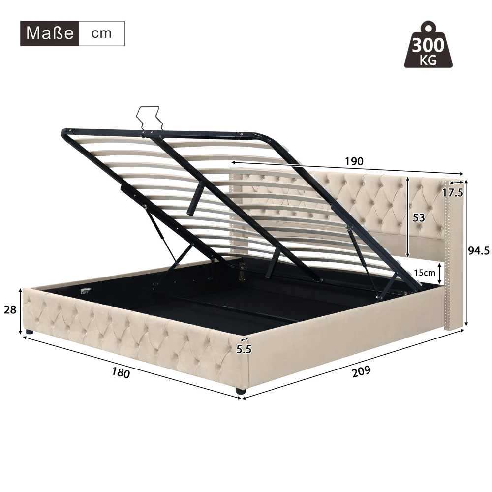 Gepolstertes Doppelbett aus schwarzem Samtflanell mit Nietenknopf und hydraulischem Stauraum (ohne Matratze), 160 x 200 cm oder 180 x 200 cm – Detail 19