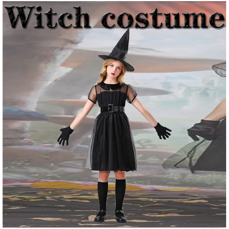 魔女コスチューム、魔女ロールプレイングコスチューム、女性用黒ドレス、帽子、ハロウィーンカーニバルパーティーコスチューム