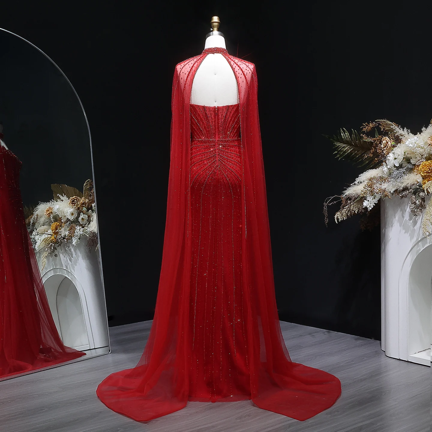 Sharon Said Luxuriöses Weinrotes Abendkleid mit Cape-Ärmeln, Lang, Rosa, für Damen, Hochzeit, Party, Ballkleider, Arabisch, SS156, Maßanfertigung – Detail 30