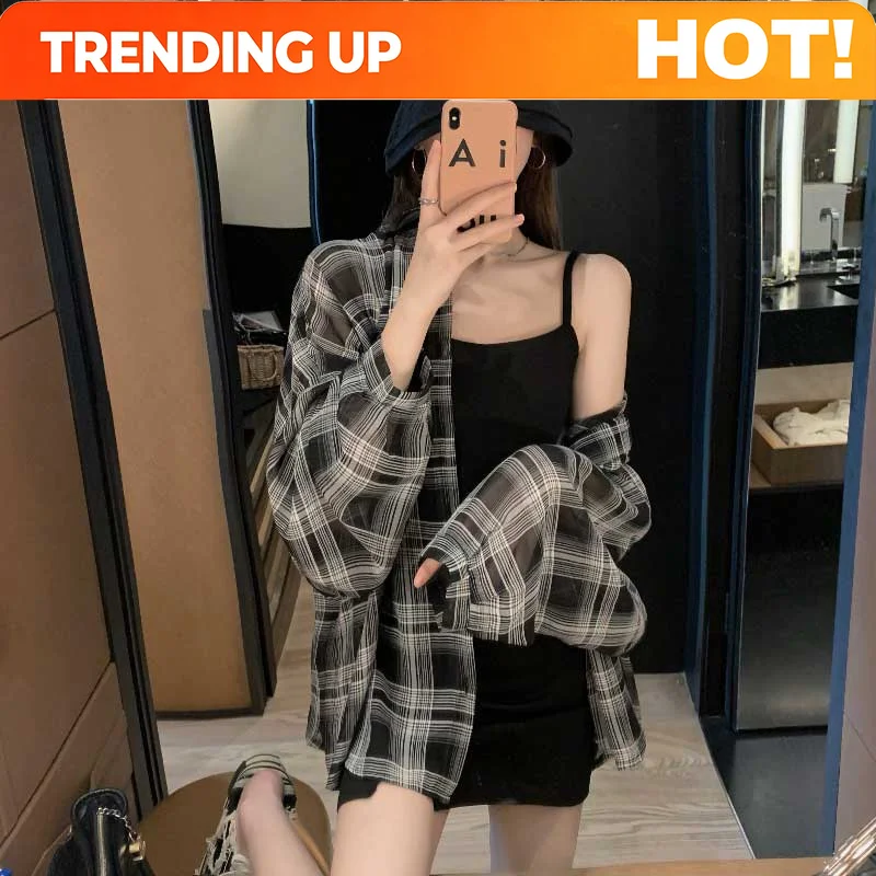 Customization 2024 Summer Autumn New Women's Shirt Thin Casual Street Style Shirt Outer Top Checkered Shirt Cardigan Coat For Wo