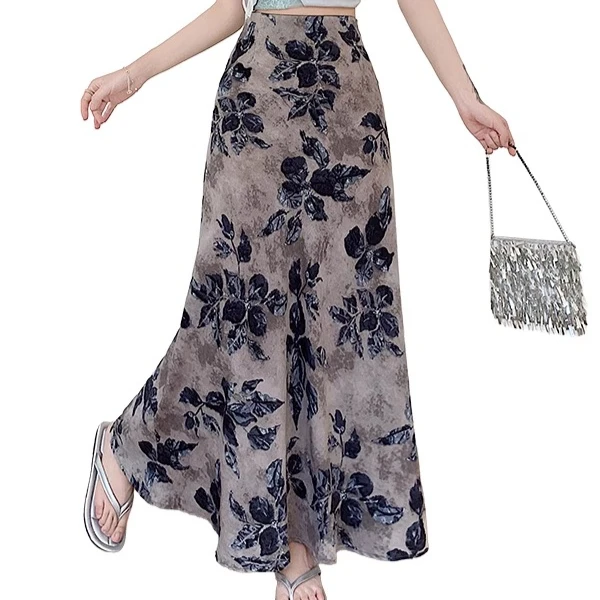 

Elegant Satin Retro Floral Skirts Women Summer Long skirt