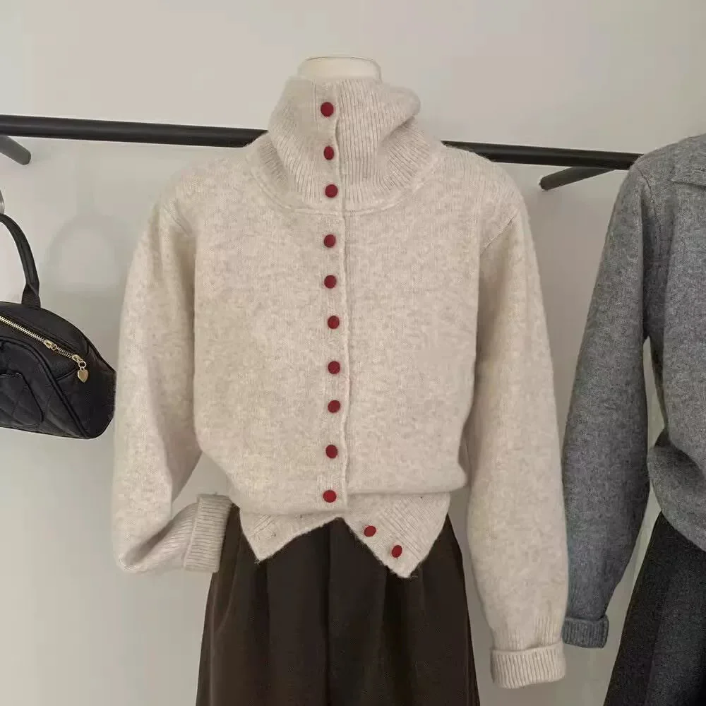 Korean Style High Collar Loose Knitted Sweater Single Button Soft Comfortable Fashion Design Women's Cardigan Sweater Clothes