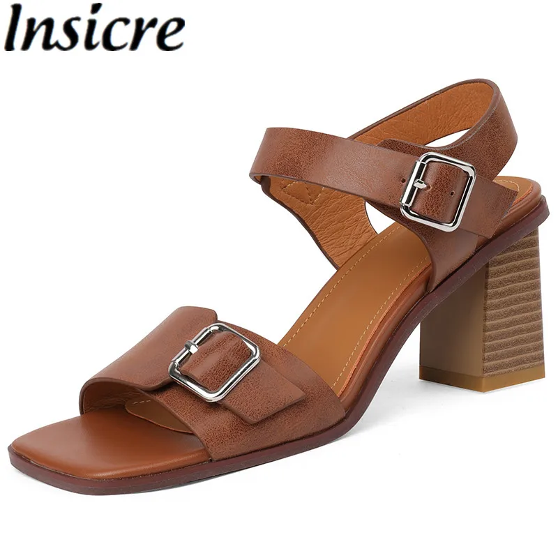 

Insicre Full Genuine Leather 2022 New Classic Women Sandals Buckle Square Toe Brown Handmade Summer Shoes Thick High Heels