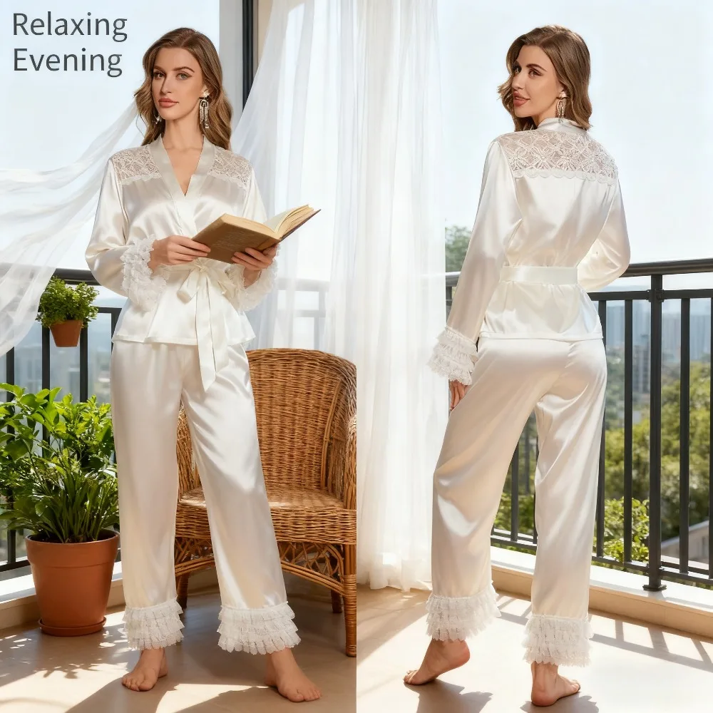 

Женский пижамный комплект с кружевными манжетами, длинными рукавами и брюками, стильная домашняя одежда из приятной для кожи ткани